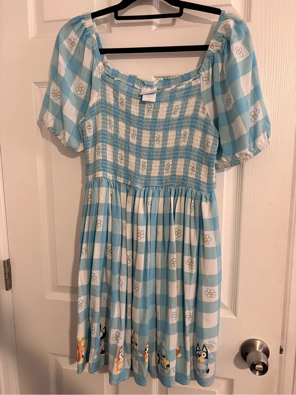 Womans Bluey and Bingo Blue and White Check Puff-Sleeve Dress with Daisy Print